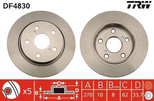 TRW DF4830 ARKA FREN DİSKİ DOLU TİP TOYOTA AURIS COROLLA 1.4L 1NDTV NDE150 NDE180 D-4D dizel 07-> / 1.33L 1NR-FE NRE180 12-> - 270 ÇAP X 5 BİJON - Takım disk fiyatıdır - Görsel 1