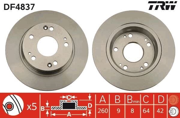TRW DF4837 ARKA FREN DİSKİ DOLU TİP HONDA CIVIC 1.6L R16A2 VTEC sedan FD6 FB7 kasa 06-15 / 1.8L R18A VTEC H atchback FK2 kasa 06-> / 1.4L L13Z1 sport FK1 kasa 09-> 260 çap x 5 bijon - Takım disk fiyatıd - Görsel 1