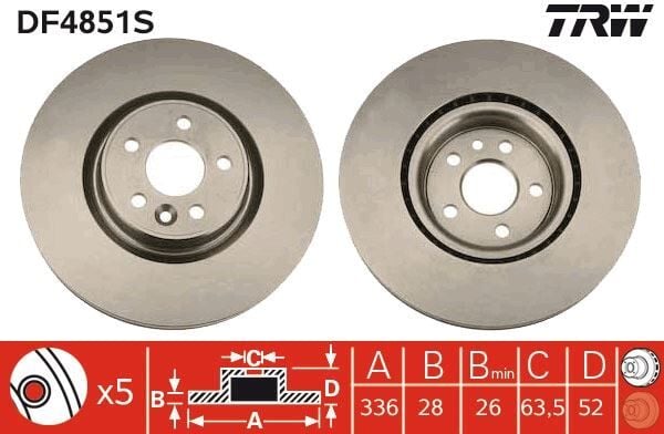 TRW DF4851S ON FREN DISK AYNASI HAVALI VOLVO S60 II 10>15 S80 II 06> V60 I 11>15 V70 III 07>15 XC70 II 09>15 336cm CAP - Görsel 1