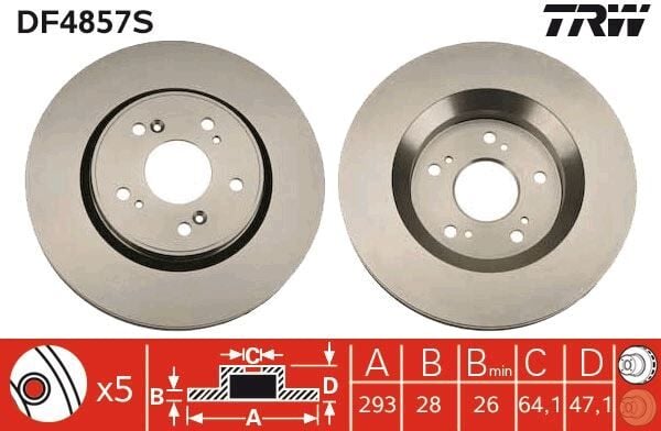TRW DF4857S ÖN FREN DİSKİ HAVA KANALLI HONDA CR-V 2.0L R20A2 RE5 06-12 / 2.2L N22A CTDi RE6 dizel 06-> / 1.6L N16A2 RE6 İ-DTEC dizel 4x2 13-> 293 çap x 5 bijon - Adet disk fiyatıdır - Görsel 1