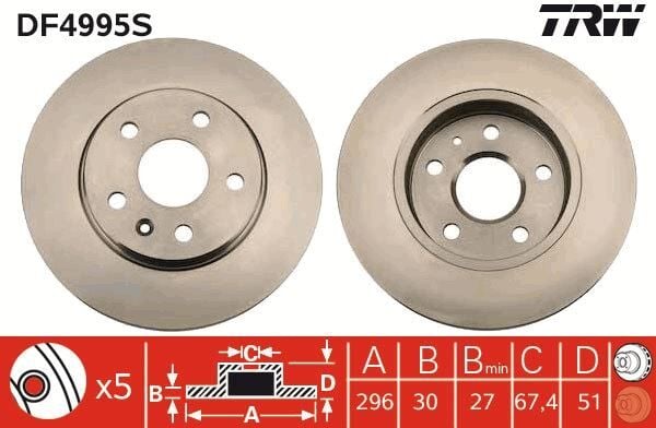 TRW DF4995S ÖN FREN AYNASI INSIGNIA A 08> SAAB 9-5 YS3G 10> 16 JANT 296x30x5DLxHAVALI 13501307-569063 - Görsel 1