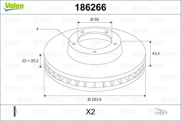 VALEO 186266 ÖN FREN AYNASI FIAT DOBLO 05>IDEA 04>LINEA 09> FIORINO 09> BRAVO 01>STILO 01> 284x22x 4 DELİK HAV ALI - Görsel 1