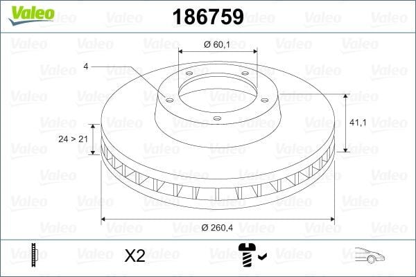 VALEO 186759 ÖN FREN AYNASI CORSA C - COMBO C 01>11 MERIVA A 03>10 TIGRA 04>09 260x24x4DL HAVALI - Görsel 1