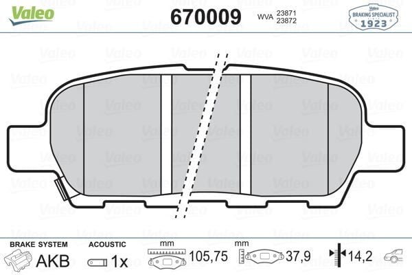 VALEO 670009 ARKA FREN BALATA NISSAN QASHQAI 1.5L 1.6L 2.0L K9K M9R HR16DE MR20DE J10 06-13 / X-TRAIL 2.0L QR20DE T30 01-07 2.5L QR25DE T30 01-> 2.2L YD22DDTi T30 01-> / MURANO 3.5L Z51 4x4 DCi 08-> / INFINITI FX - Görsel 1