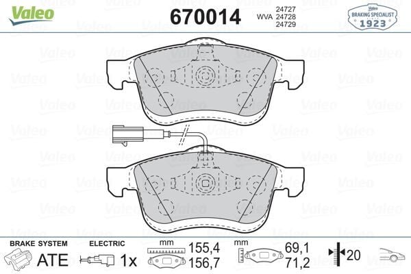 VALEO 670014 ÖN BALATA FIAT DOBLO III 10> OPEL COMBO 12> 1.3D MTJ 1.4 1.6D MTJ 2.0D MTJ TEK FİŞLİ - Görsel 1