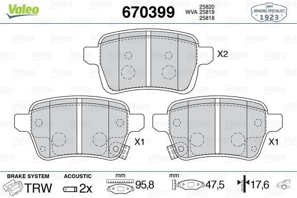 VALEO 670399 ARKA FREN BALATASI OPEL CORSA E 14>19 ADAM 14>19 15 JANT RPO J67 FIAT EGEA 16> 500L 13> 264mm - Görsel 1