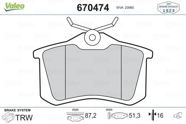 VALEO 670474 ARKA BALATA FLUENCE-MEGANE II-III-P207-P308-P307-PARTNER-BERLINGO-C2-C3-C4-CROSSLAND- BORA-PASSAT 97 >GOLF IV-V-POLO 87x52.9x17 - Görsel 1
