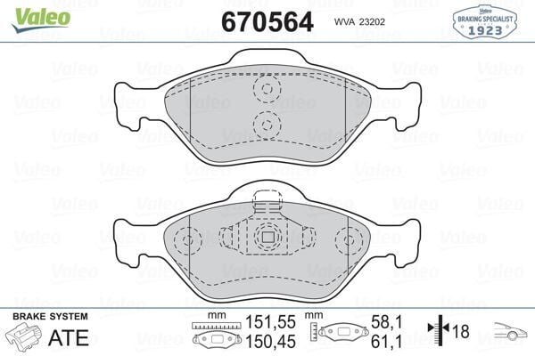 VALEO 670564 ÖN BALATA FIESTA 1.4TDCİ ABSLİ 00 > FUSION 02 > MAZDA 121 96 > MAZDA 2 03> - Görsel 1