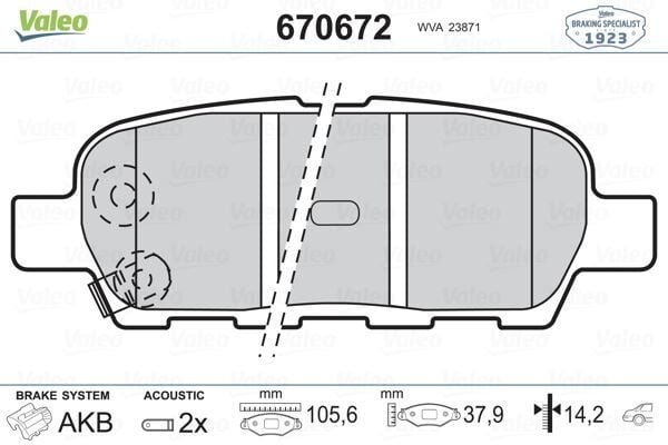 VALEO 670672 ARKA FREN BALATA NISSAN QASHQAI 1.5L 1.6L 2.0L K9K M9R HR16DE MR20DE J10 06-13 / X-TRAIL 2.0L QR20DE T30 01-07 2.5L QR25DE T30 01-> 2.2L YD22DDTi T30 01-> / MURANO 3.5L Z51 4x4 DCi 08-> / INFINITI FX - Görsel 1