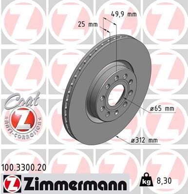 ZIMMERMANN 100.3300.20 FREN DİSKİ ÖN VW PASSAT-GOLF5-GOLF6-GOLF7-CADDY-A3-LEON-FORD CONNECT 23> ÇAP: 312mm. KALINLIK: 25mm Delik: 5 - Görsel 1