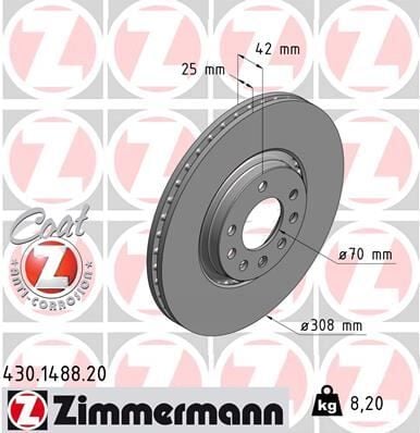 ZIMMERMANN 430.1488.20 ÖN FREN AYNASI ASTRA H-ZAFIRA B-MERIVA A-B-CORSA D-E-ADAM-ASTRA G-VECTRA B 308x25x5DLxHAVALI 16 İNÇ - Görsel 1