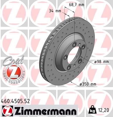 ZIMMERMANN 460.4505.52 FREN DİSK DELİKLİ ON SAG PORSCHE CAYENNE 9YA 17> PANAMERA 971 16> 350 MM - 34 MM - Görsel 1