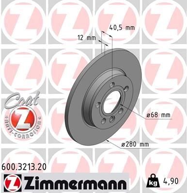 ZIMMERMANN 600.3213.20 FREN DİSKİ ARKA VW TRANSPORTER-T4 91> DIŞ ÇAP: 280mm 986478871-DF4047 - Görsel 1