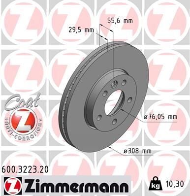 ZIMMERMANN 600.3223.20 ÖN FREN AYNASI TRANSPORTER T5 04/03>MULTIVAN 4.03>TOUAREG 02>CRAFTER 06> 308x29.5x5DLxHAVALI xxx 986479211-DF4308S - Görsel 1