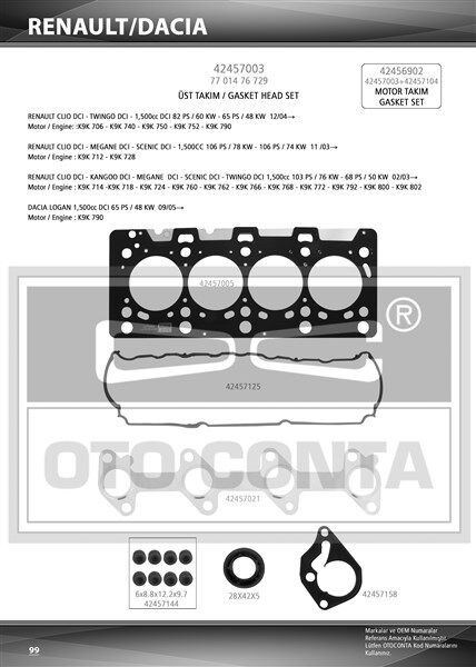 OTOCONTA 42457003 ÜST TAKIM CONTASI MEGANE II 02>CLIO II 02> CLIO III 05> LOGAN 04>SANDERO 08> NOTE 06>11 E11 MICRA III 05>10 SUZUKİ JIMNY 03> 1.5 DCI K9K TEFLON KEÇELİ SUB.LAS