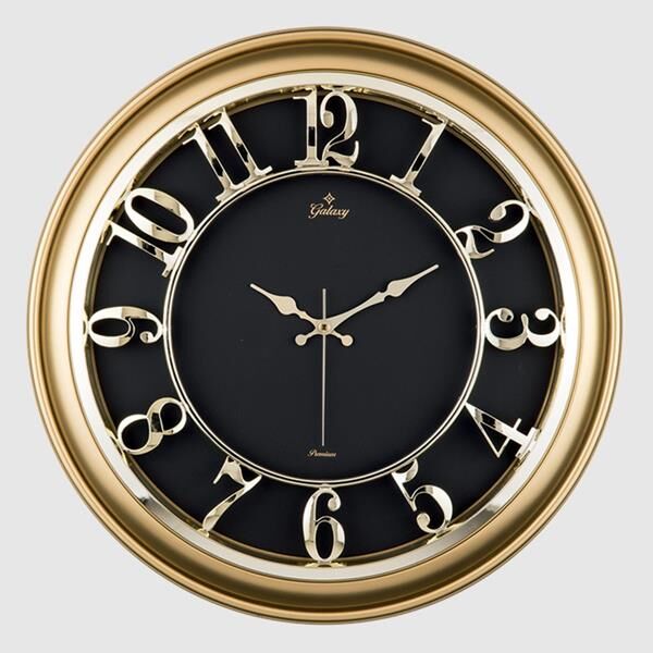 SAAT M-1965-SS M-1965-A-1 DUVAR SAATİ ALTIN SARISI ÇERÇEVELİ İÇİ SİYAH 45CM KABARTMA RAKAMLI SELEFON KORUMALI AMERİKAN BRİSTOL KADRAN METALİK AKREP/YELKOVAN/SANİYE AKAR SANİYELİ MEKANİZMA AKRİLİK BOYA MİNERAL C