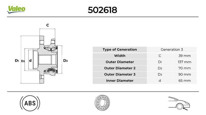 VALEO 502618 ÖN TEKER PORYASI RULMANLI VECTRA C 1.6 16V-1.9 CDTI-2.0 DTI-3.0 CDTI-SIGNUM 1.9 CDTI ABS Lİ 5 BİJON