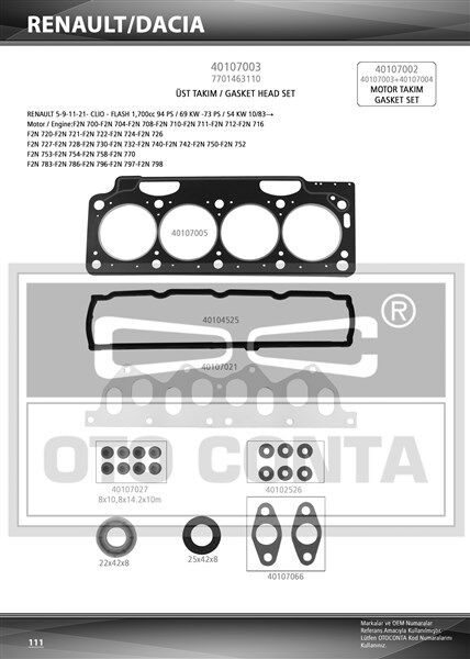 OTOCONTA 40107003 ÜST TAKIM CONTASI R11 FLASH 1700cc KEÇELİ SKC 1.40mm SUBAP LASTİKLİ