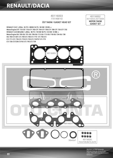 OTOCONTA 40116003 ÜST TAKIM CONTASI R19-CLIO 1.4 ENJ. KEÇELİ SUBAP LASTİKLİ SKC STD
