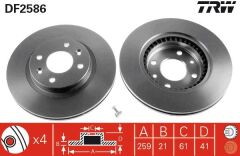 TRW DF2586 ÖN FREN DİSKİ RENAULT R19-CLIO I 91>96 CLIO II 98> KANGOO 01> MEGANE I 96> MEGANE II 04>10 TWINGO 96> DACIA LOGAN 06> SANDERO 08> 259x20.6 HAVALI 4 DELİK