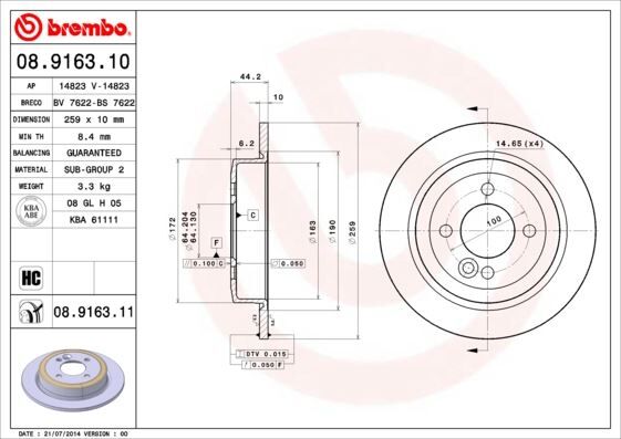 BREMBO 08916310 FREN DISKI ARKA MINI R50 R52 R53 R55 R56 R58 R59