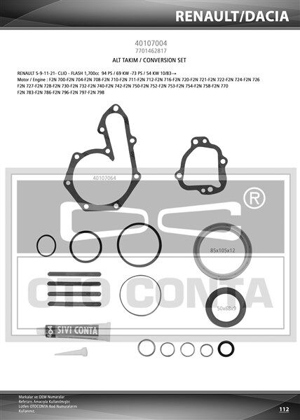 OTOCONTA 40107004 ALT TAKIM CONTASI R11 FLASH 1700cc - R9 DZL-EXP KEÇELİ SIVI CONTALI