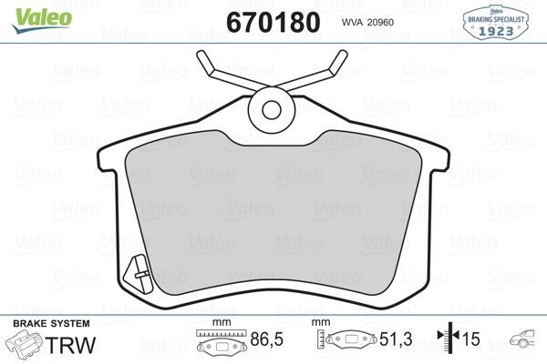 VALEO 670180 ARKA FREN BALATA RENAULT CLIO 05> KANGOO 01> LAGUNA 96> FLUENCE 09> MEGANE 96> CITROEN BERLINGO 99> C2 C3 C4 03> DS4 11> PEUGEOT 307 00> 308 07> PARTNER 96>VW POLO CLASSIC 95>01 GOLF III-IV-PASSAT III