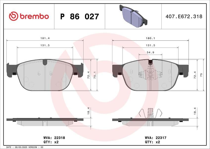 BREMBO P86027 ÖN BALATA VOLVO S90 2016 > XC90 II 2014 > V60 2016 >XC60 2017 > XC40 2017 >