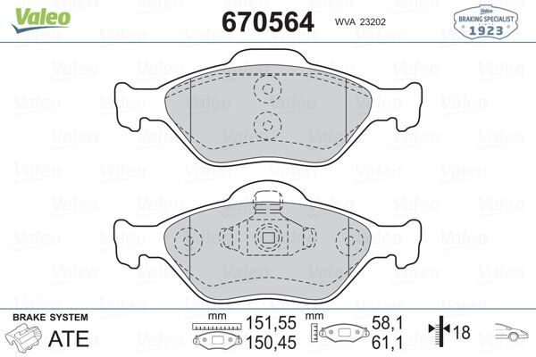 VALEO 670564 ÖN BALATA FIESTA 1.4TDCİ ABSLİ 00 > FUSION 02 > MAZDA 121 96 > MAZDA 2 03>