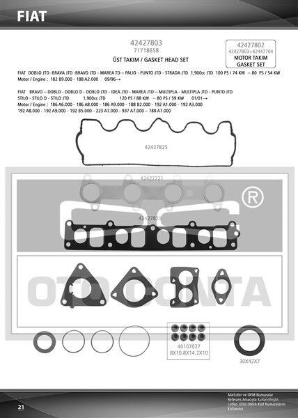 OTOCONTA 42427803 ÜST TAKIM CONTASI DOBLO-ASTRA H-VECTRA C-ZAFIRA 1.9 JTD KEÇELİ SKC SİZ SUBAP LASTİKLİ