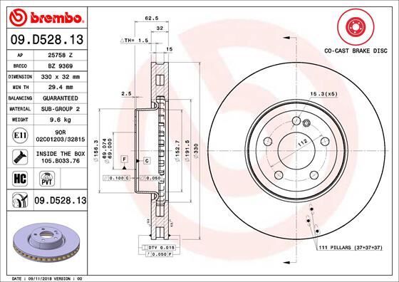 BREMBO 09D52813 FREN DISKI ON MERCEDES W205 S205 C205 A205 W213 S213 C238 A238 X253 C253