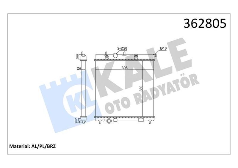 KALE 362805 RADYATÖR PEUGEOT 207 1.4-1.6 16V 07<13-208 1.6 1.6GTI 12>CITROEN C3 II-DS3 1.4-1.6 VTI 1.4LPG 09> TU 3JP MT BRAZING 26MM SU RADYATÖRÜ