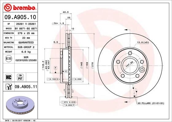 BREMBO 09A90510 ON FREN AYNASI DISK FOCUS III 11 FOCUS II 04>11 C MAX 03>07 VOLVO C30 06>12 C70 06>13 S40 II 04>12 V50 05>12 278x25x5DLxHVLI