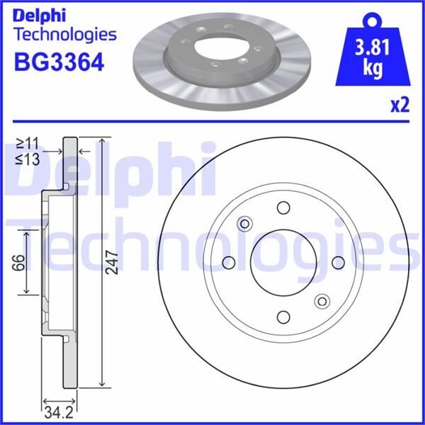 DELPHI BG3364 ÖN FREN AYNASI PEUGEOT P206 98>12 P306 93>01 CITROEN XSARA 97>05 ABS SİZ 247x13x4DL DOLU SOĞUTMASIZ