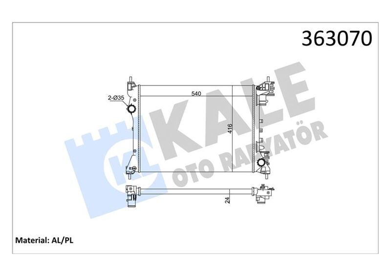 KALE 363070 BRAZING VERSİYONU KL351280 FIAT DOBLO 152.263 - OPEL COMBO - ALF ROMEO MITO 10 > AC/NAC MT ME KANİK 540X416X24 SU RADYATÖRÜ
