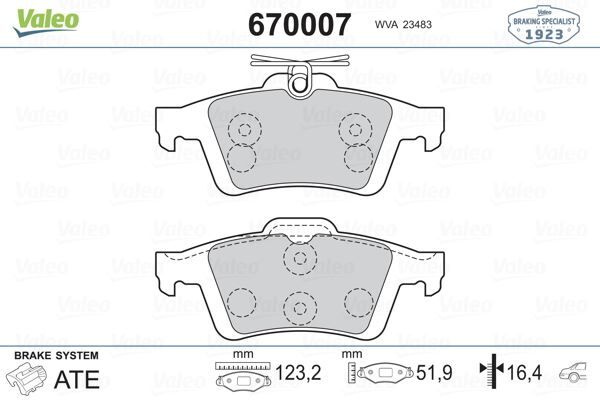 VALEO 670007 ARKA BALATA FOCUS II CMAX 03> CONNECT 02> LAGUNA III 07> OPEL VECTRA C 02> SIGNUM 03> CITROEN C5 08> PEUGEOT P508 10>18