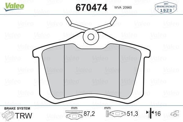 VALEO 670474 ARKA BALATA FLUENCE-MEGANE II-III-P207-P308-P307-PARTNER-BERLINGO-C2-C3-C4-CROSSLAND- BORA-PASSAT 97 >GOLF IV-V-POLO 87x52.9x17