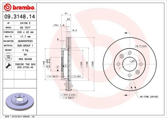 BREMBO 09314814 ÖN FREN AYNASI KÜÇÜK RENAULT R9-R11-R19-R21 CLIO I 91>96 CLIO II 98> CLIO SYMBOL 00>09 KANGOO 97> MEGANE I 96> SYMBOL II 08> 238x20.1 HAVALI 4 DELİK