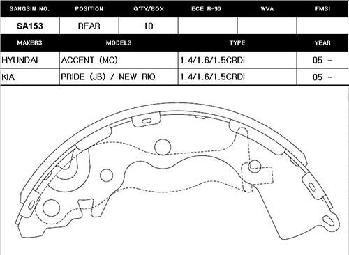 SANGSIN SA153 ARKA KAMPANA PABUÇ BALATA HYUNDAI ACCENT ERA 1.5L CRDi dizel 06-10 / 1.4L G4EE benzinli 06-10 / 1.6L benzinli 16V DOHC 06-10 ABS siz araçlar için