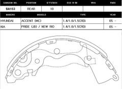 SANGSIN SA153 ARKA KAMPANA PABUÇ BALATA HYUNDAI ACCENT ERA 1.5L CRDi dizel 06-10 / 1.4L G4EE benzinli 06-10 / 1.6L benzinli 16V DOHC 06-10 ABS siz araçlar için