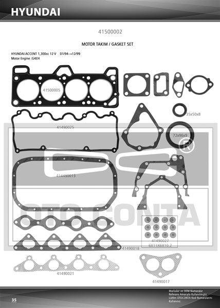 OTOCONTA 41500002 TAKIM CONTASI KEÇELİ HYUNDAI ACCENT 1.3 12V