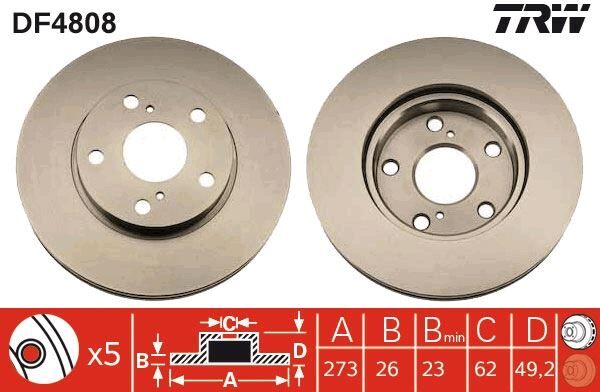 TRW DF4808 ÖN FREN DİSKİ HAVA KANALLI TOYOTA AURIS COROLLA 1.33L 1NR-FE NRE150 10-> / 1.6L 1ZR-FE ZRE151 07-12 / 1.4L 1NDTV NDE150 07-12 - 273 ÇAP X 5 BİJON Takım disk fiyatıdır