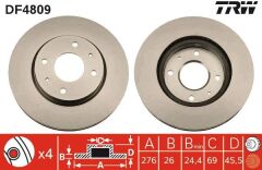TRW DF4809 ÖN FREN DİSKİ HAVA KANALLI MITSUBISHI LANCER 1.6L 4G18 CS3A 03-08 276 çap x 4 bijon - Takım disk fiyatıdır