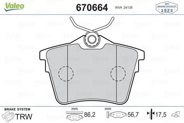 VALEO 670664 ARKA FREN BALATASI PEUGEOT P407 1.6 HDI 1.8-2.0 04> 607 00> CITROEN C5 08>