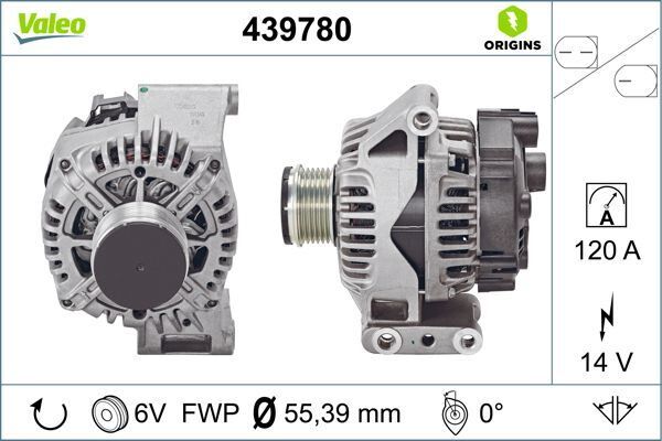 VALEO 439780 ALTERNATOR A115 14V 120A. FCA 500 C 07- FIORINO 07- NEMO 10- BIPPER 10>