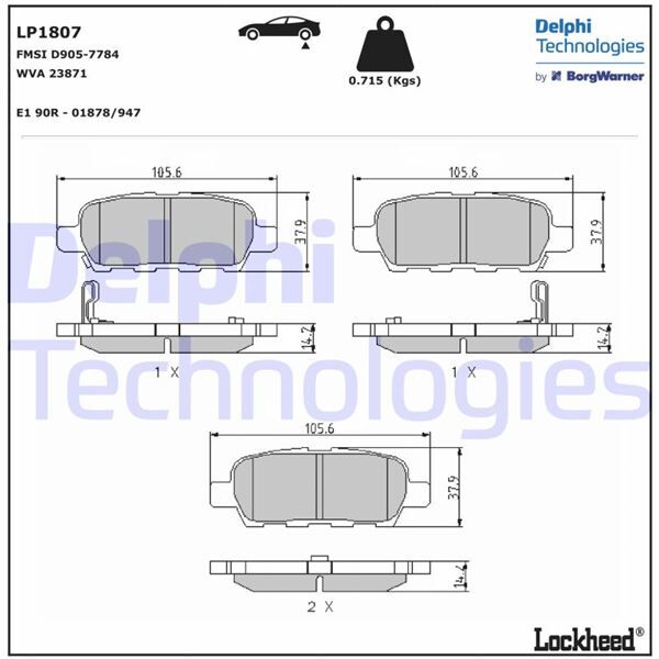 DELPHI LP1807 ARKA FREN BALATA NISSAN QASHQAI 1.5L 1.6L 2.0L K9K M9R HR16DE MR20DE J10 06-13 / X-TRAIL 2.0L QR20DE T30 01-07 2.5L QR25DE T30 01-> 2.2L YD22DDTi T30 01-> / MURANO 3.5L Z51 4x4 DCi 08-> / INFINITI FX