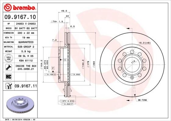 BREMBO 09916711 ÖN FREN AYNASI GOLF V-VI-JETTA III-IV-CADDY III-A3 03>LEON 05>TOLEDO-OCTAVIA 04> 280x22x9DLxHAVALI 986479098-DF4294