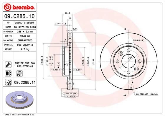 BREMBO 09C28511 ÖN FREN AYNASI CLIO IV 12> CLIO V 19> SYMBOL III 14> DACIA LOGAN II 12> 258x22.2 4 DELİK HAVALANDIRMALI