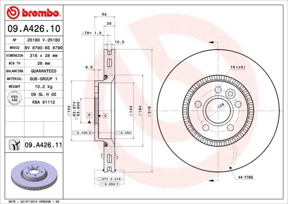 BREMBO 09A42611 FREN DİSKİ ÖN FORD MONDEO/GALAXY-VOLVO S60/S80/V60/V70-LAND ROVER FREELANDER 2 07> ÇAP: 316mm. KALI NLIK: 28mm