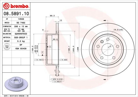 BREMBO 08589110 ARKA FREN AYNASI OMEGA B 2.0 24V 2.2 2.5TD 3.0 V6 94/7.03 286mm 285.8x12x5DLxHAVALI